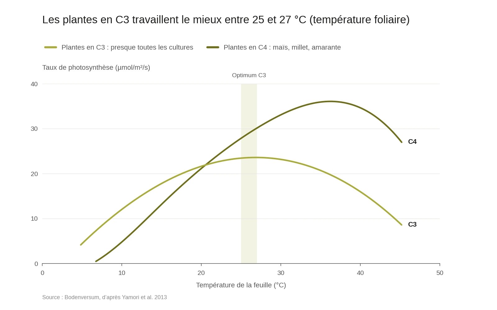Graphique : taux de photosynthèse des plantes en C3 et C4 selon la température de la feuille, optimum C3 à 25–27 °C